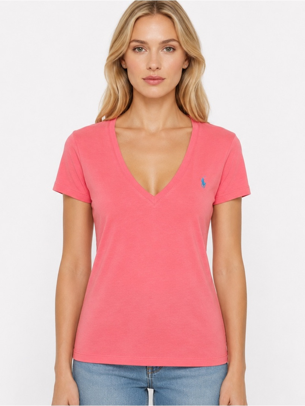 Ralph Lauren Deep V-Neck Coral Pink Polo Pony 100% Cotton T-Shirt Size Large